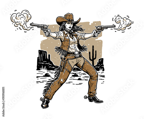 Extreme Cowgirl Outlaw T-shirt Print Design. Vintage Western Woman illustration dual-wielding smoking revolvers in the desert, powerful retro vector art.