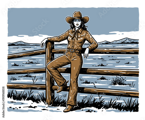 Bold Retro Cowgirl Graphic Leaning on Rustic Fence, Vintage Western Woman Illustration for T-Shirt Print Design, Dramatic Ranch Lifestyle Vector Art.