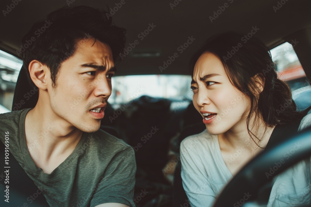 Fototapeta premium Couple arguing in a car while driving