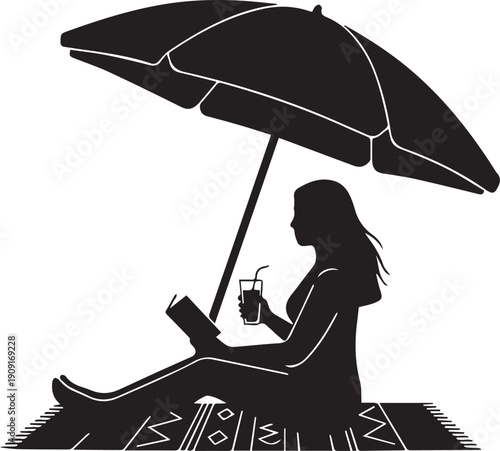 Beach Relaxation Sun Umbrella Silhouettes Person Reading on Towel
