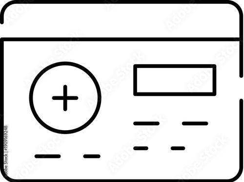 Rectangular web interface panel presenting a large circular add button with a plus symbol, alongside a rectangular input field and multiple horizontal lines representing various data entries
