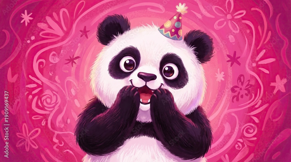 Fototapeta premium Shocked panda with big eyes on pink background concept. A cute panda celebrating with a colorful party hat and joyful expression.