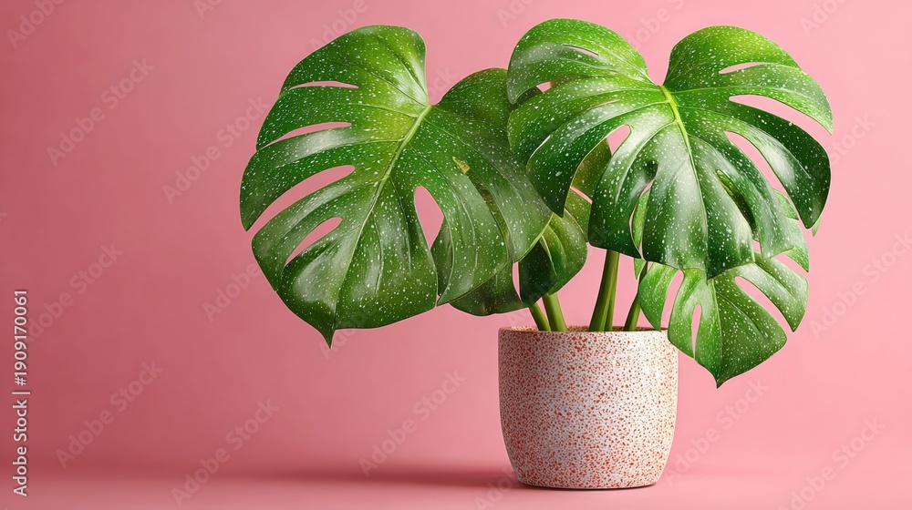 Fototapeta premium Green monstera plant with large leaves in a speckled pot against a pink sparkle background, featuring vast empty copy space on the left for text or graphics