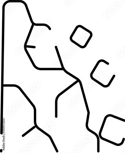 Icon depicting a natural disaster with rocks detaching and falling from a steep slope, representing danger, instability, and a natural hazard warning for vulnerable areas