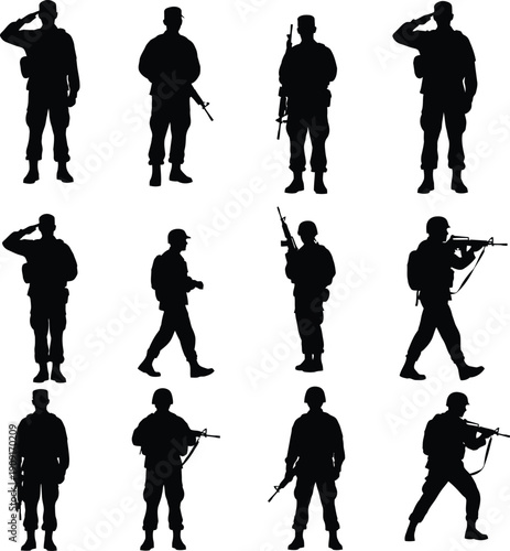 Silhouette of soldiers in various poses with weapons and salutes