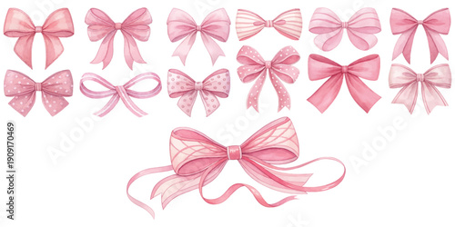 Elegant Watercolor Bows and Ribbons Collection Hand-Painted Decorative Elements for Romantic Designs, Wedding Invitations, Festive Gift Wrapping, and Charming Craft Projects in Soft Pink Hues