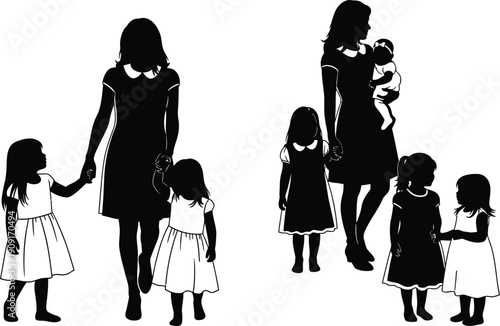 Silhouette of mothers and their children walking together