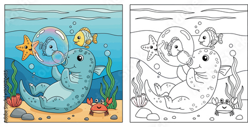 Cute cartoon seal blowing bubble with fish inside underwater