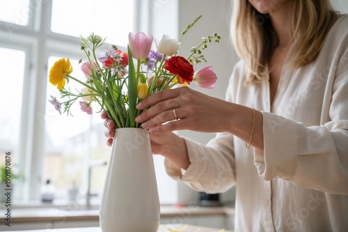 Frau arrangiert bunten Frühlingsstrauß mit Tulpen und Ranunkeln in weißer Vase am Fenster