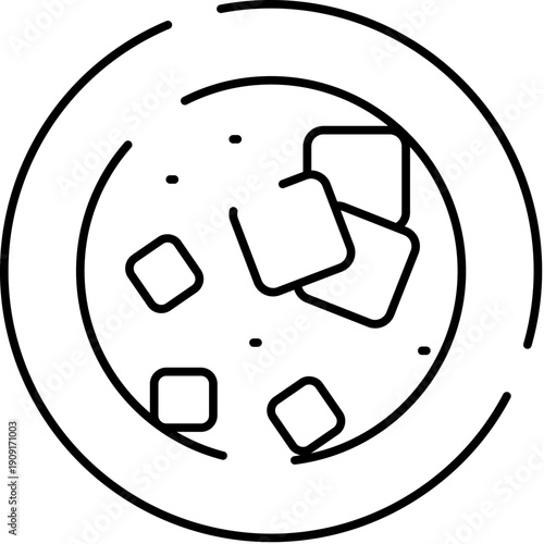 Bowl containing soup with square croutons and small dotted elements, presenting a minimalist outline design for food, meal, and kitchen related concepts