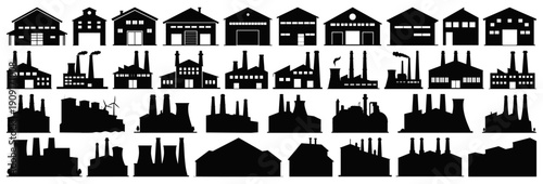 Industrial Factory and Warehouse Building Silhouettes Collection, Transparent Background