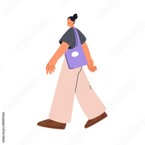 Woman walking, side view. Young female in casual outfit going outdoors on urban street. Smiling girl carrying tote bag on shoulder, looking aside. Flat vector illustration isolated on white background