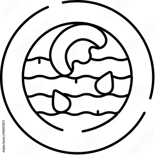 Line art icon featuring an ocean wave cresting over water ripples with falling drops, all contained within a circular frame, representing themes of melancholy, emotion, and sadness