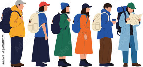 Group of diverse hikers and travelers with backpacks standing in line, wearing colorful outdoor clothing and holding a map