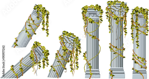 Set of gray columns with liana branches and tropical leaves. Isolated cartoon pillars for facade decorated ivy, creeper in style of provence. Vector objects for computer games.