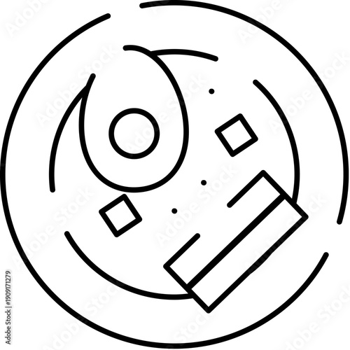 Minimalist line art depicting a healthy, plant based meal in a bowl, featuring a sliced avocado, tofu cubes, and soup elements with a focus on fresh ingredients