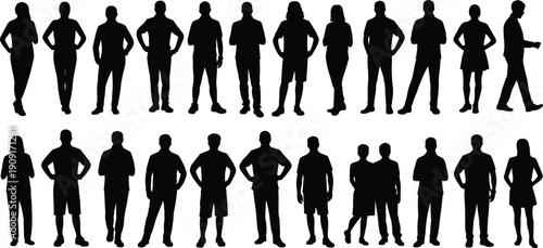 Stylized diverse human silhouette vector illustration set, group of people in various poses, standing figures artwork, posture design, diversity, social, graphic