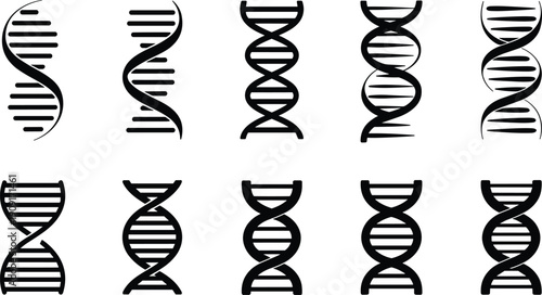 Stylized DNA double helix vector icon set, genetic molecule silhouettes, biology illustration artwork, science design, medical research, biotechnology, genome graphic