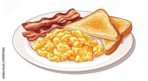 Delicious breakfast plate with scrambled eggs, crispy bacon, and toasted bread