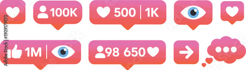 Social media engagement vector icons, pink orange gradient speech bubble set, likes, followers, views, comments, analytics counters, digital marketing design illustration