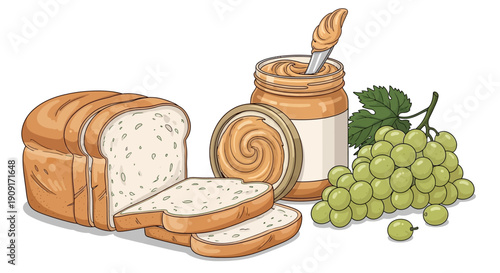 Delicious breakfast setup with peanut butter, fresh grapes and sliced bread