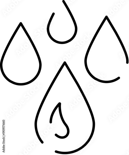 Water drops illustrating concepts of rain, liquid, tears, and hydration, rendered in a minimalist black and white line art style on a pure white background