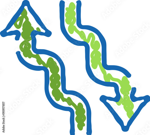 Hand drawn squiggly arrows with blue outlines and green internal texture representing upward and downward movement, indicating growth, decline, flow, choice, or duality of paths