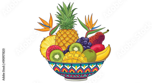Vibrant fruit bowl overflowing with fresh tropical fruit