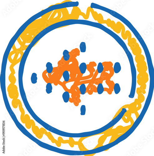 Abstract hand drawn illustration depicting a circular cellular structure with a nucleus and visible organelles inside, representing complex internal biological processes