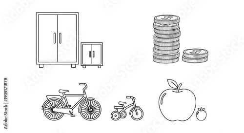 Collection of Icons: Furniture, Bicycles, Coins, Apple, and Tomato