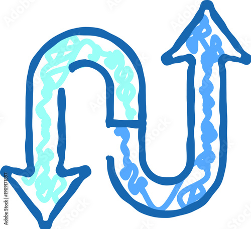Hand drawn blue arrow illustrating a u turn symbol on a white background, representing navigation, path changes, and strategic reversals in business or life concepts