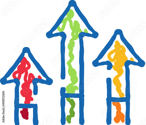 Three hand drawn upward arrows illustrate concepts of increasing success, market growth, financial improvement, and positive development within business or personal achievements