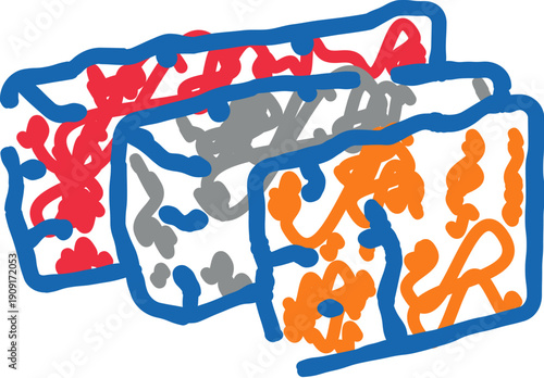 Abstract blocks are displaying vibrant red, gray, and orange patterns, outlined in blue, representing a simple, hand drawn vector element often used for food ingredients or cooking concepts