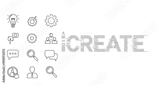 Creative Process Icons and Word Art 'CREATE' - Idea Generation, Strategy, and Teamwork
