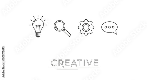 Creative Process Icons: Lightbulb, Magnifying Glass, Gear, Speech Bubble with Text CREATIVE