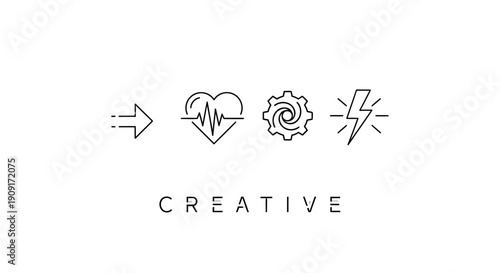 Creative Process Concept: Arrow, Heartbeat, Gear, Lightning Bolt Icons on White