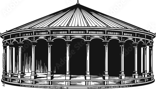 Ancient round greek temple with columns and a conical roof in classical architecture