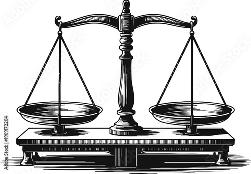 Vintage balance scale illustration judicial, legal symbol for fairness and justice with classic design