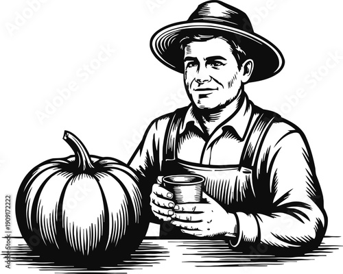Farmer holding cup sitting beside large pumpkin in vintage black and white illustration