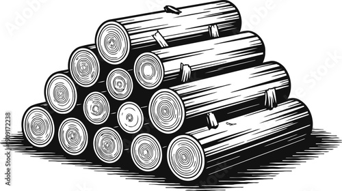 Stack of cut wooden logs piled in a triangular shape, detailed black and white illustration of tree trunks