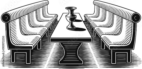 Illustration of vintage diner booth seating with table and vase, retro restaurant interior design