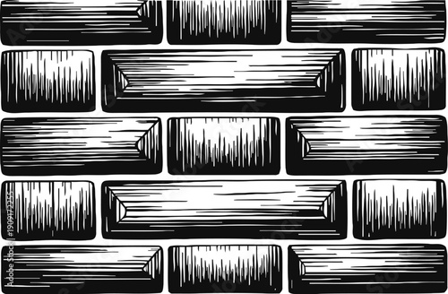 Vintage black and white brick wall illustration with textured hand drawn shading and linear details
