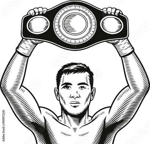 Boxer holding championship belt above head, strong male athlete celebrating victory