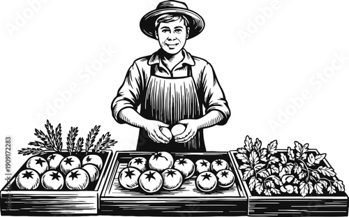 Farmer selling fresh vegetables at market stall, harvest produce, healthy organic food