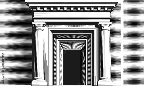 Classical architectural entrance with columns and pediment, detailed black and white line art