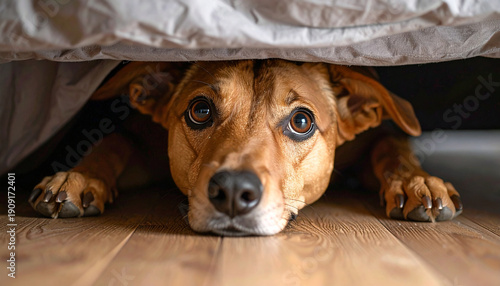 Perro asustado y triste escondido mostrando miedo y ansiedad, concepto de estrés en mascotas, problemas de comportamiento en perros y trauma por ruido de cohetes o petardos
