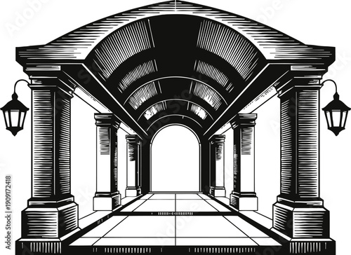 Classic arched corridor with columns and ceiling lanterns in vintage illustration