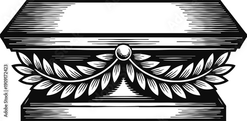 Vintage ornate coffin illustration antique wooden decorated casket with carved laurel wreath and ornamental details