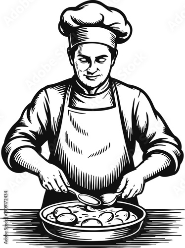 Chef cooking eggs in frying pan with spatula, culinary professional in apron and toque