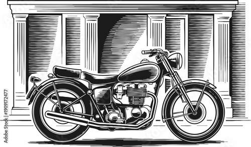 Vintage motorcycle illustration in black and white with classic architectural background
